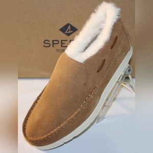 Sperry Slippers, Size 8-8.5, Honey Suede, Faux Fur Lined, Rubber Sole